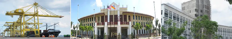 Port cranes, a colonial-style building with flags, and a modern office building.