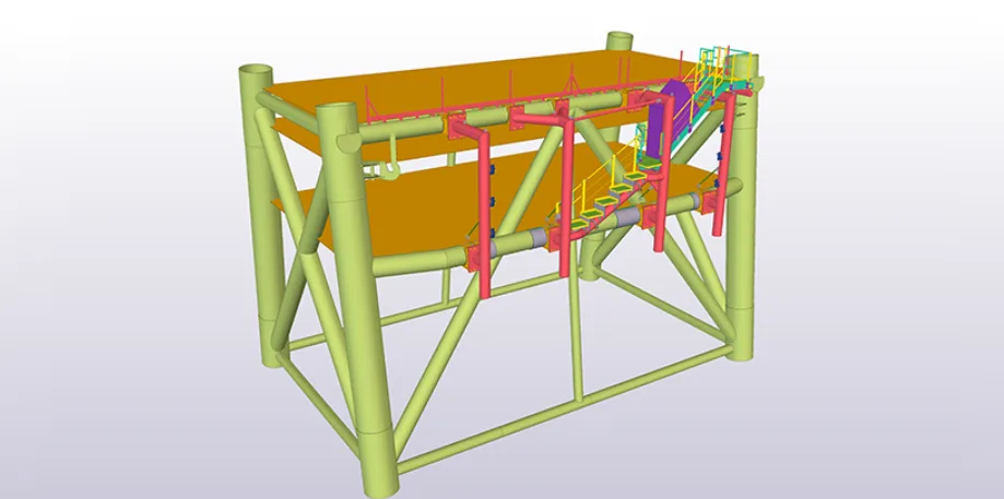 3D model of a two-story offshore platform with stairs and piping.