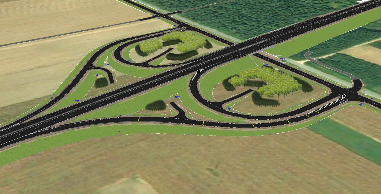 Image of one of the main interchanges at the road 83 project, modeled with a combination of Novapoint, Revit, and Civil 3D