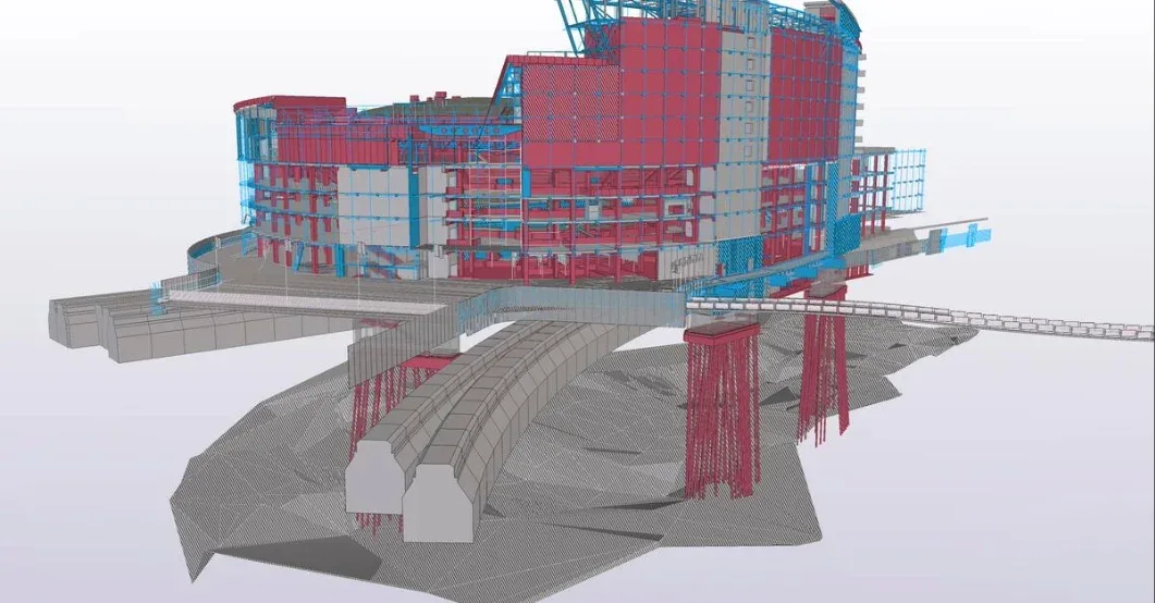 3D model of the Tampere Deck and Arena construction project, showcasing the building's structure, with underground infrastructure including a tunnel.