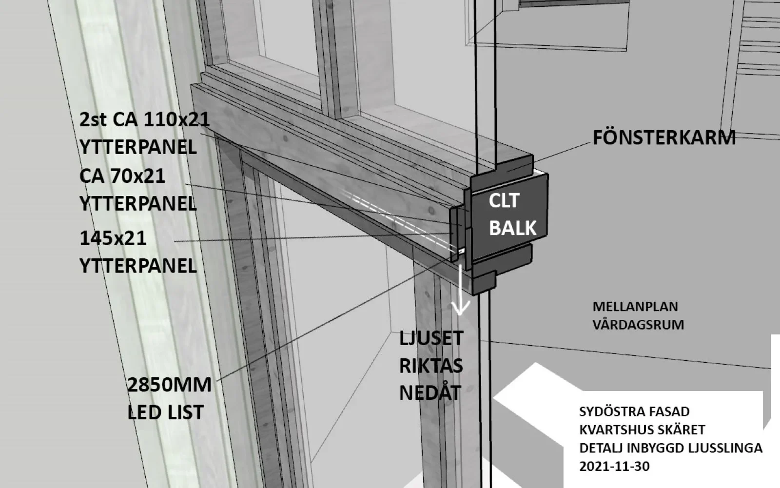 3D model showing construction details of CLT beams.