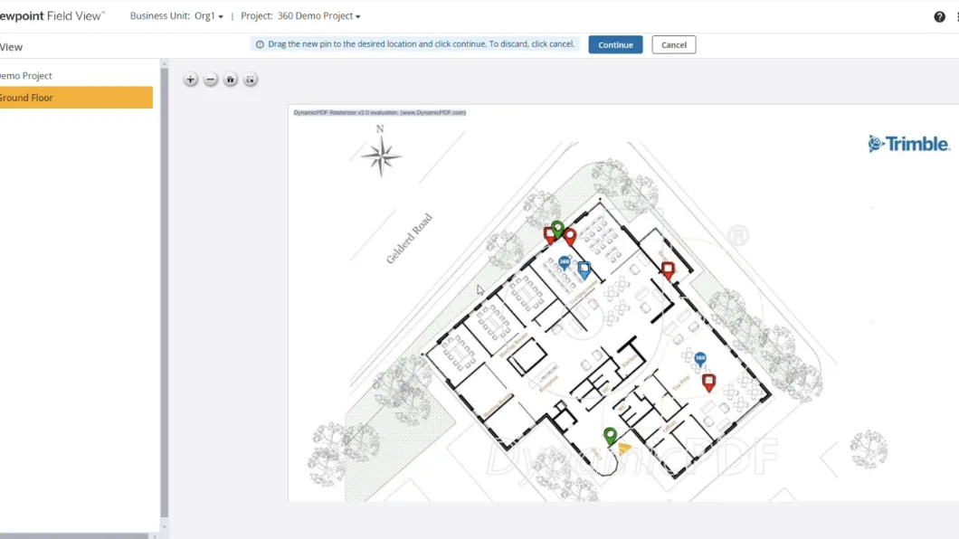Trimble Viewpoint Field View software displays a building floor plan with color-coded pins for project management.