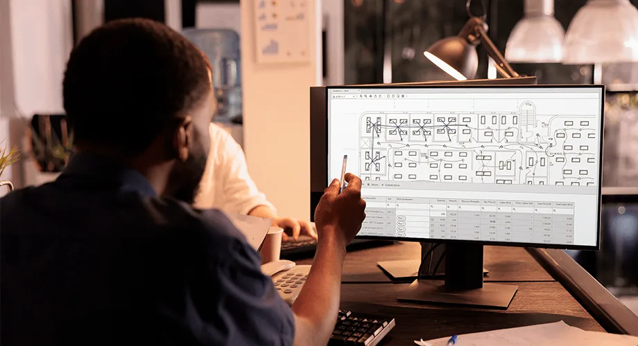 Two people review a blueprint on a computer screen.