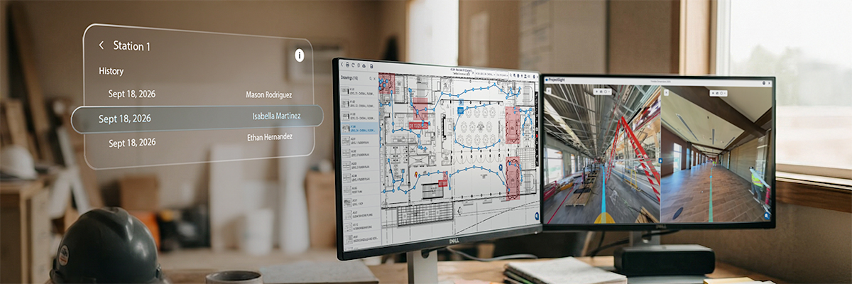A reality capture image is displayed next to an architectural plan on a monitor. A timeline box hovers in the air indicating options.