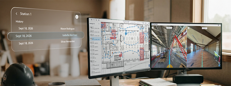 A reality capture image is displayed next to an architectural plan on a monitor. A timeline box hovers in the air indicating options.