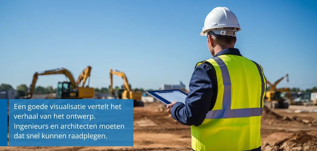 A construction worker in a hard hat and high-visibility vest reviews a tablet at a construction site with excavators in the background.