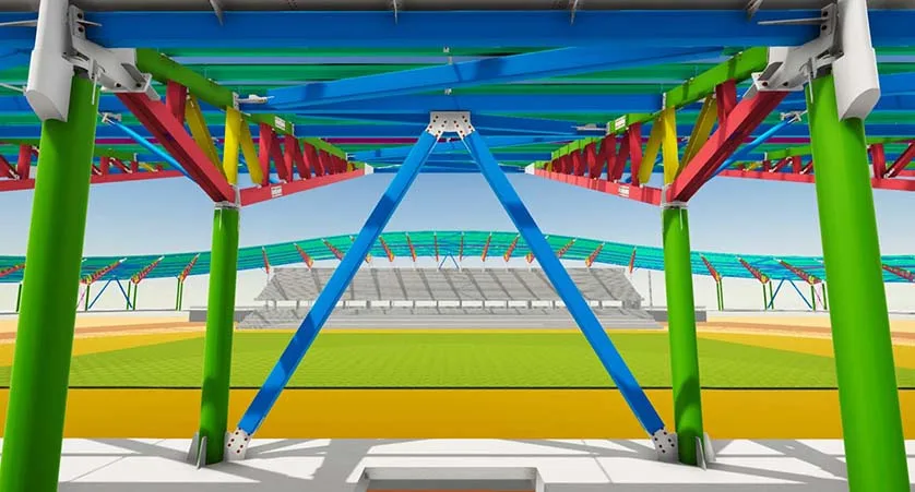3D rendering of a stadium's colorful metal support structure with a field visible in the background.