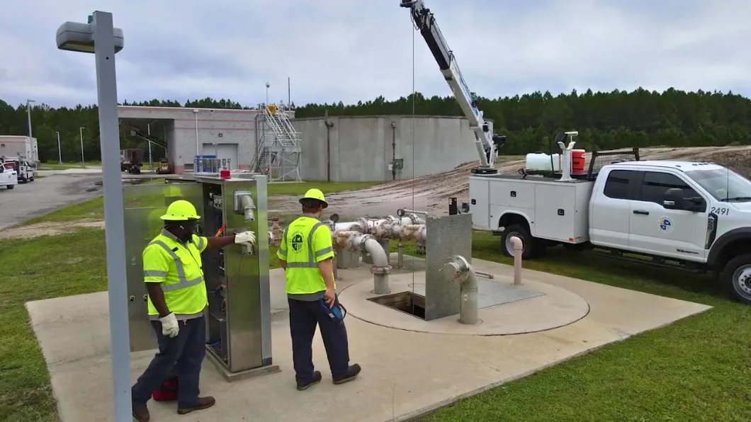 Two utility workers in  yellow safety vests and hard hats inspect a control panel at an industrial site.