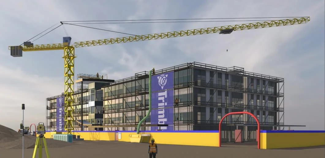 导入 Revit 模型的 SketchUp 静帧渲染图，展现施工中商业建筑外立面，画面前景特写大型黄色塔吊及配套施工器械。