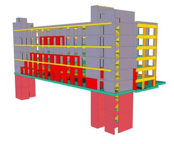 3D rendering of a precast concrete building structure with red structural elements and yellow floor slabs.