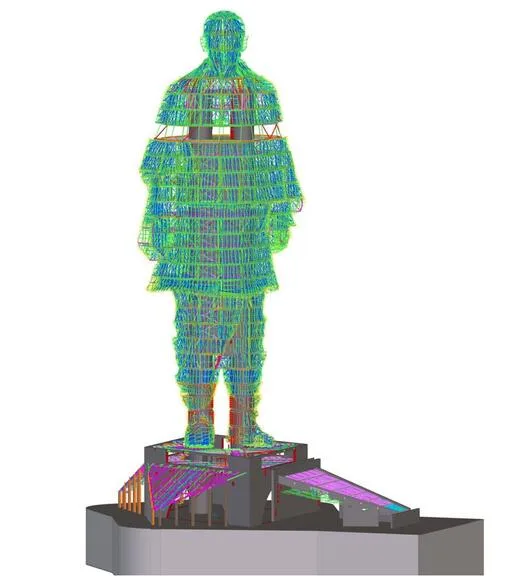 Wireframe rendering of a statue of Sardar Vallabhbhai Patel with colorful structural supports.