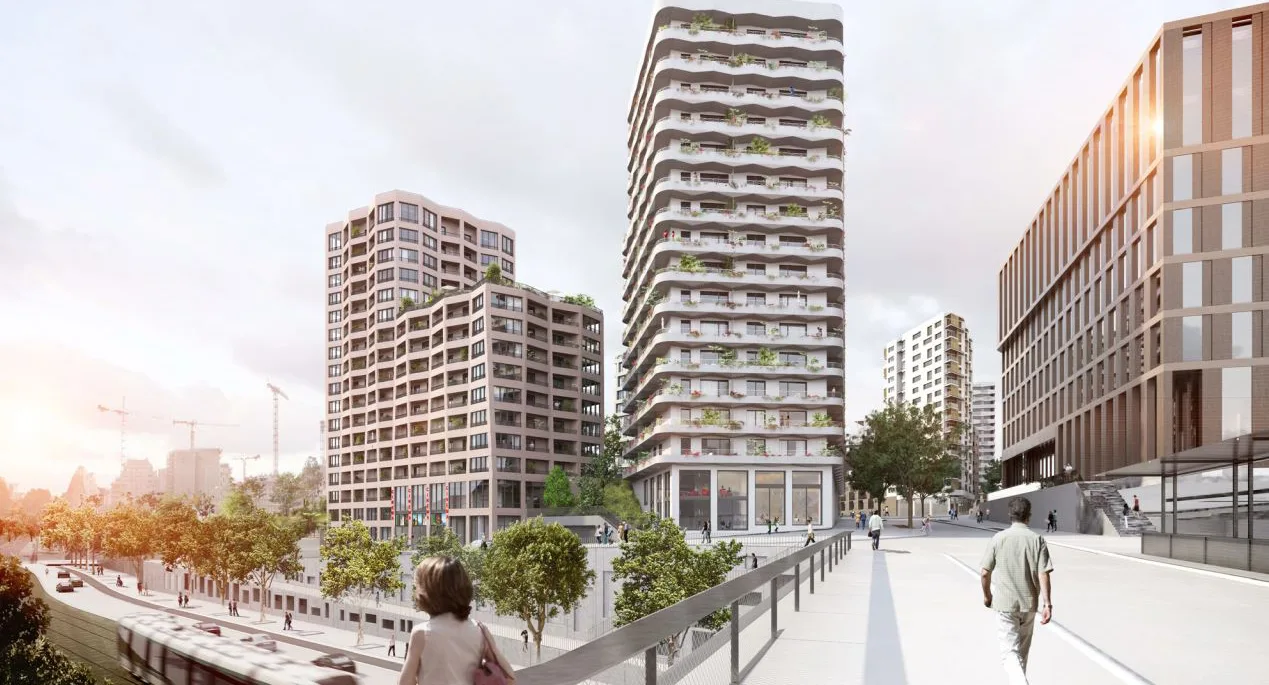An artist's rendering of a modern urban development featuring high-rise buildings, set against a backdrop of a city skyline and construction cranes.