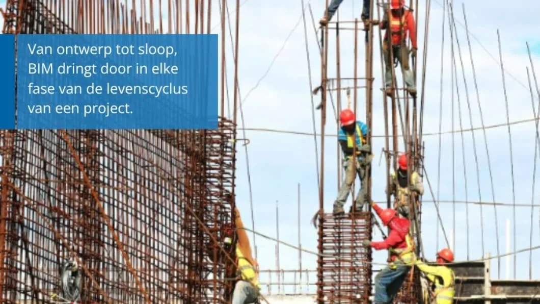 Workers in hard hats assemble rebar framework. Overlay text explains BIM's impact across a project's lifecycle.