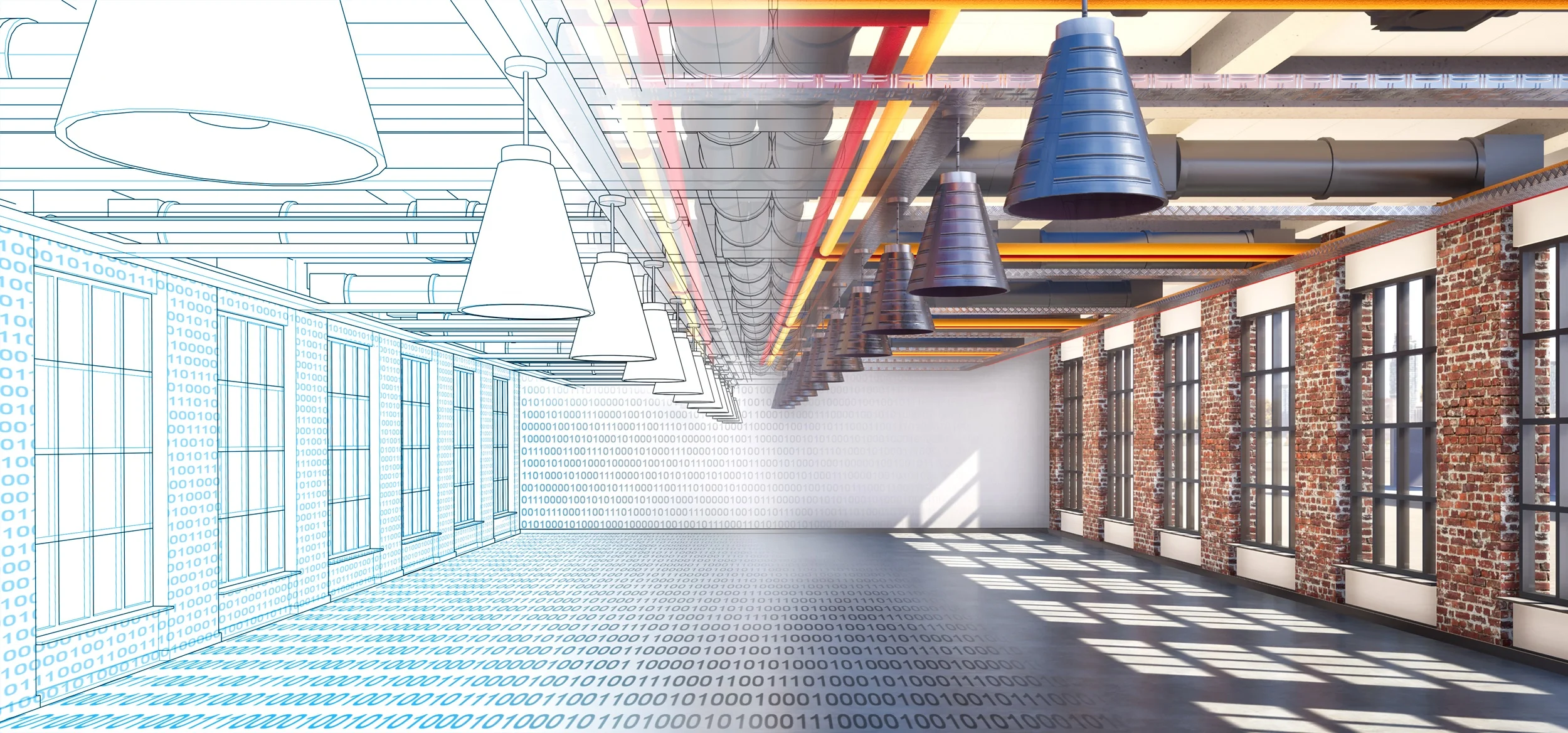 Blueprint to reality: A modern office space transitioning from wireframe to finished construction.