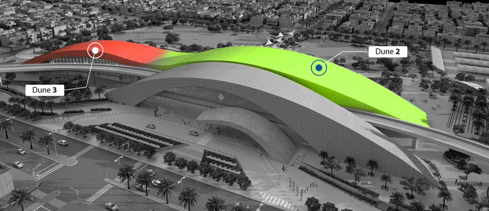 A 3D rendering of a modern architectural design, showcases curved structures with red and green accents against a grayscale urban backdrop.