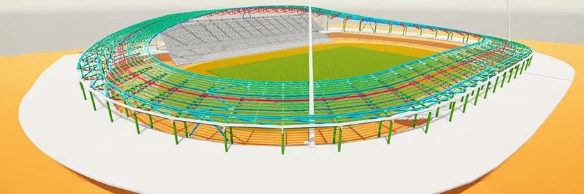A 3D rendering of a stadium with a green, blue, and red framework.