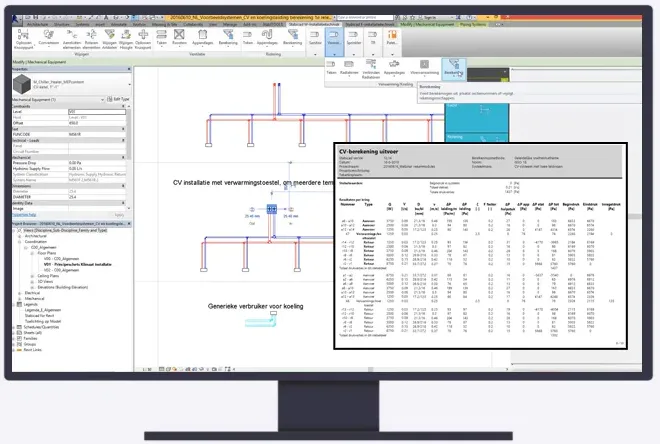 Screenshot of a computer screen displaying Revit software with a piping system diagram and a table of data.