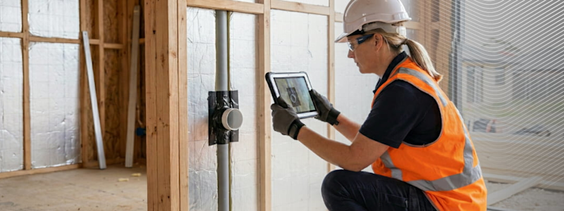Worker in safety gear using a tablet at a construction site to capture photographic evidence.