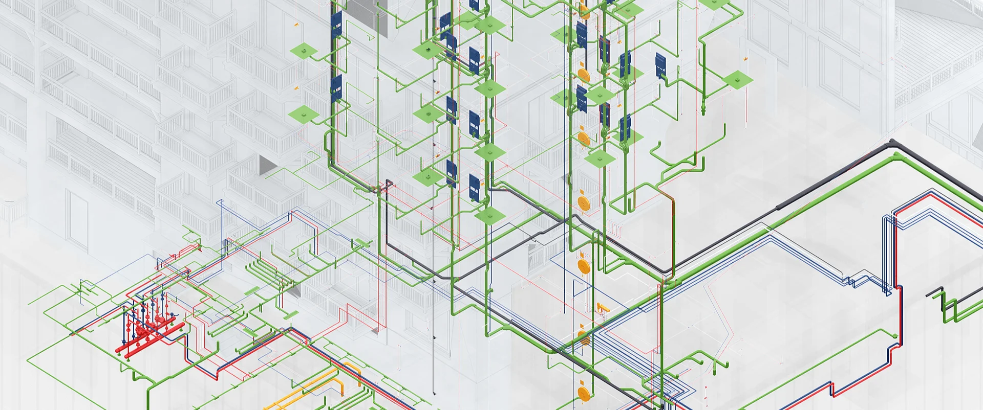 3D isometric view of a complex building services design, showing pipes, ducts, and equipment.