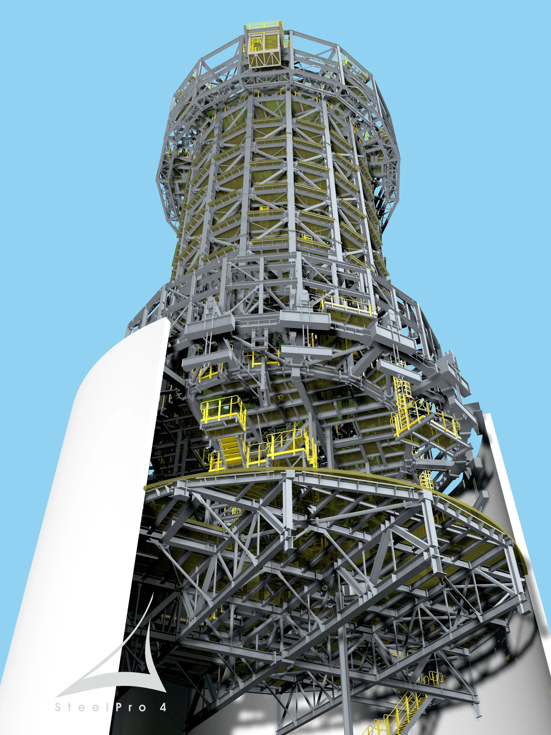 A 3D render shows a cutaway view of a large, complex steel structure with many platforms and stairs, against a clear blue sky.