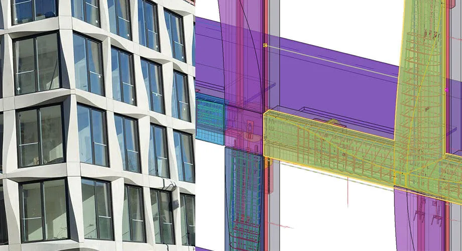 GlasbrĂĽstung mit Betonelementen, sowie Detail-Ansicht der Bewehrung im Tekla-Modell