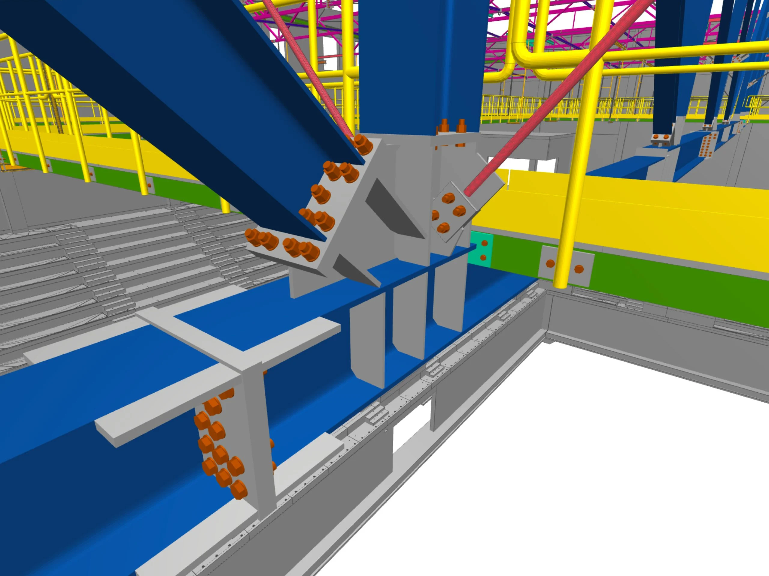 3D rendering of a steel structure with a blue beam connected to a grey bracket by bolts.