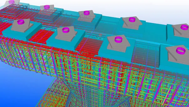 3D BIM model showing rebar and anchor bolt details for a bridge pier.