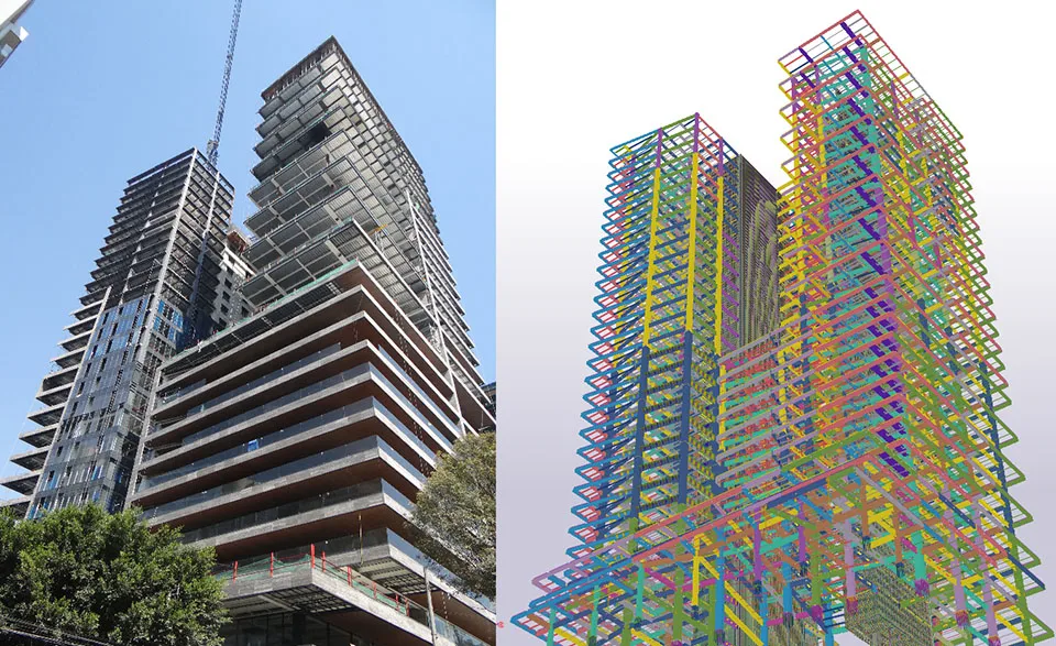 Comparison graphic of a real building under construction and a Tekla 3D model of its structural framework.