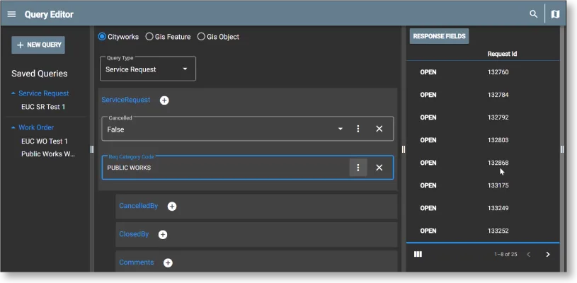 Query Editor interface showing query fields for Service Request and Public Works.