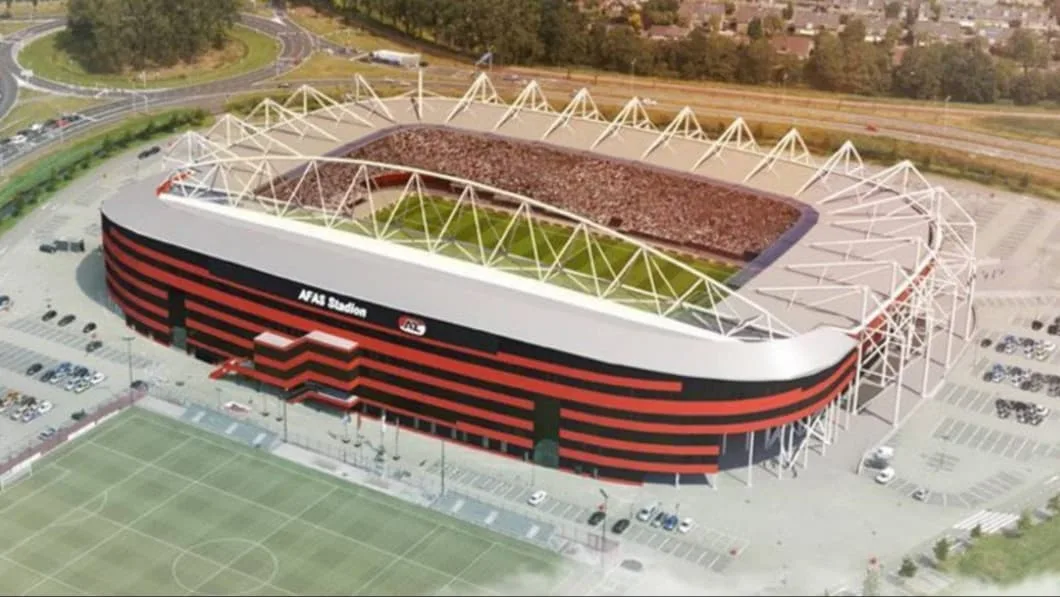 A rendering of the AFAS Stadion, a modern football stadium with red and black striped exterior and a white roof supported by triangular white beams.