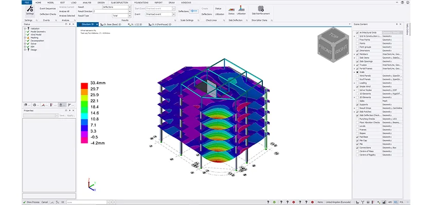Vista de deflexión de losa en 3D del modelo, las losas se muestran en un espectro de colores
