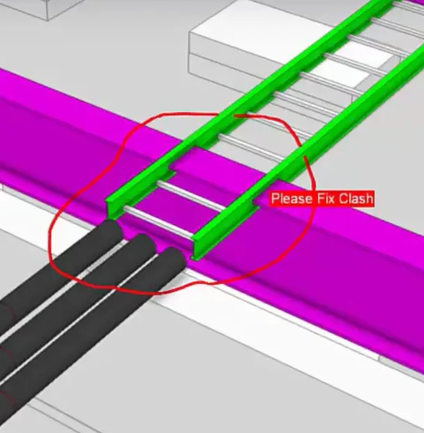 3D rendering of a clash detection in BIM, showing a green ladder rack intersecting a purple beam and three black pipes.