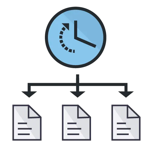 Icon of a clock with a dotted arrow indicating time, connected to three document icons.