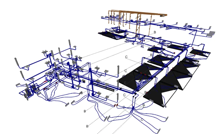3D isometric view of a complex system of blue pipes and ductwork with some black triangular elements and orange overhead structures.