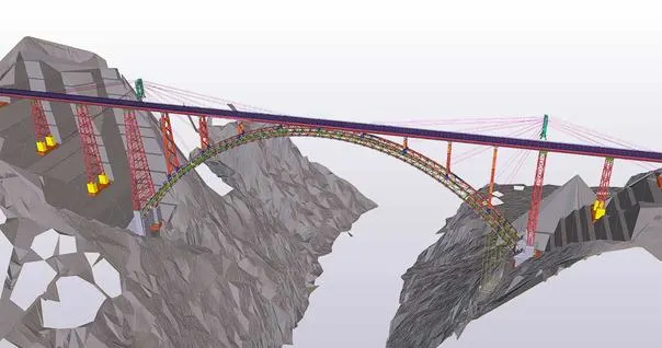 A 3D model rendering of the Chenab Bridge, showing its design over a mountainous terrain.