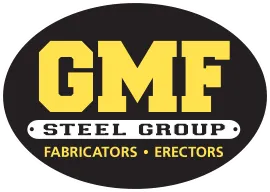 GMF Steel Group logo, featuring bold yellow GMF on a black background with Steel Group and Fabricators Erectors text.