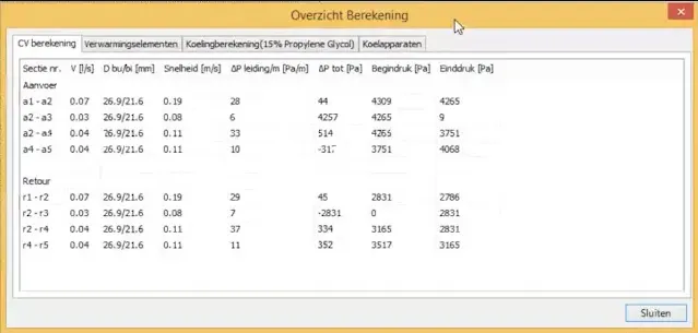 Screenshot of a calculation overview window with tabs for CV calculation, Heating elements, Cooling calculation, and Cooling units.