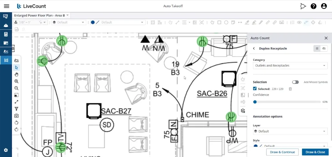 LiveCount software auto-counting green highlighted duplex receptacle symbols on an electrical floor plan.