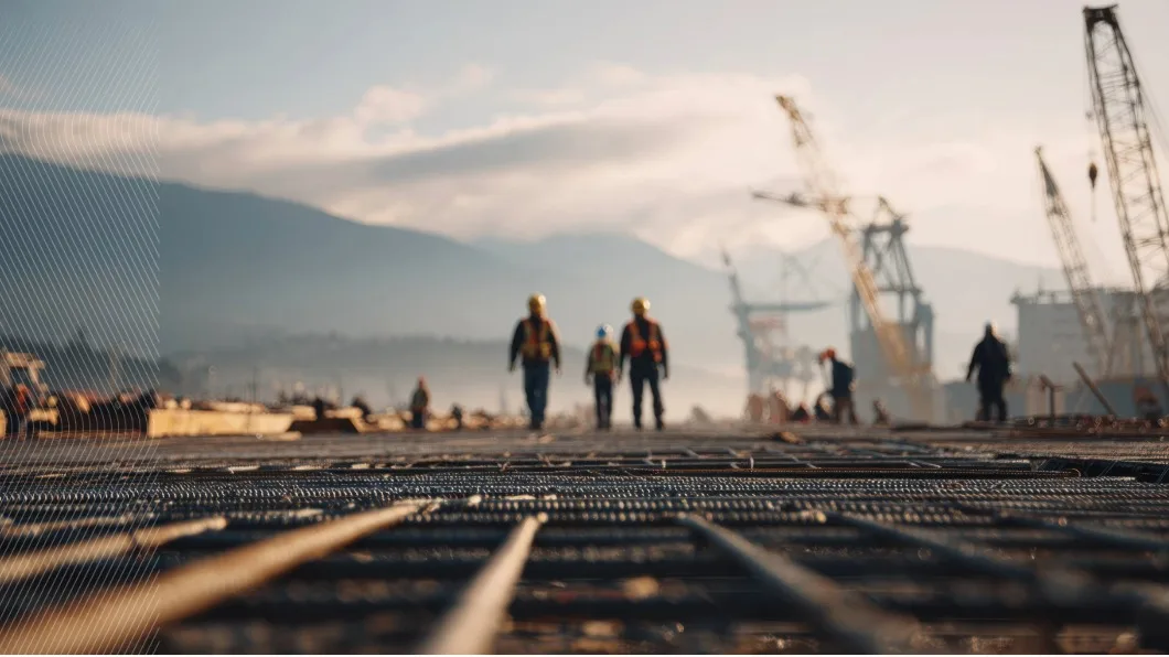 Workers in orange vests and yellow hard hats walk across a large construction site with cranes and mountains in the background.