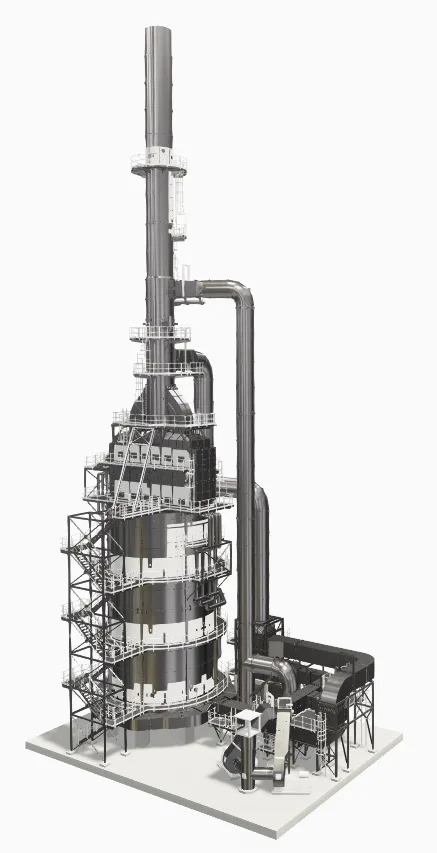 A rendering of a large, metallic industrial tower with scaffolding and interconnected pipes on a white background.