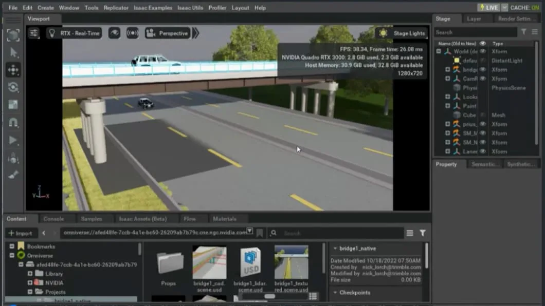 NVIDIA Omniverse interface displaying a 3D simulation of a car driving over a bridge using OpenUSD files.