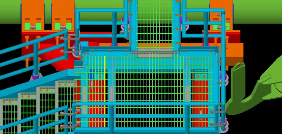 3D model of a blue metal cage structure with green grids and red components inside.