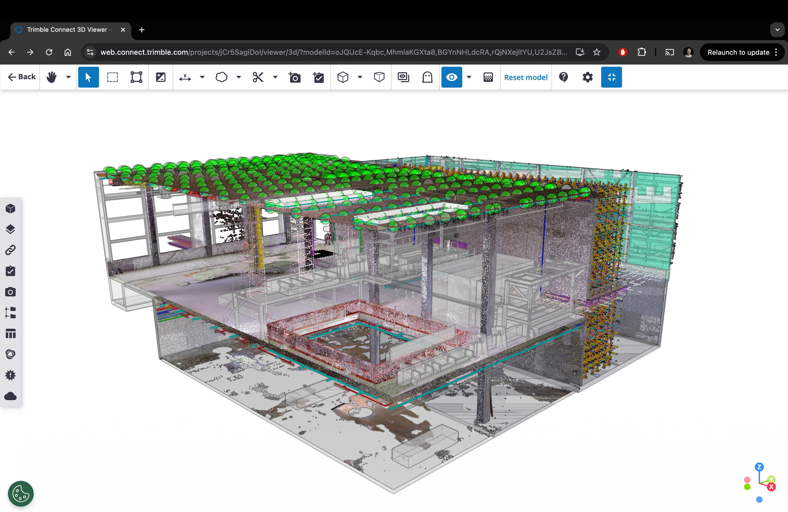 3D model of a building interior showing construction progress with point clouds and structural elements.