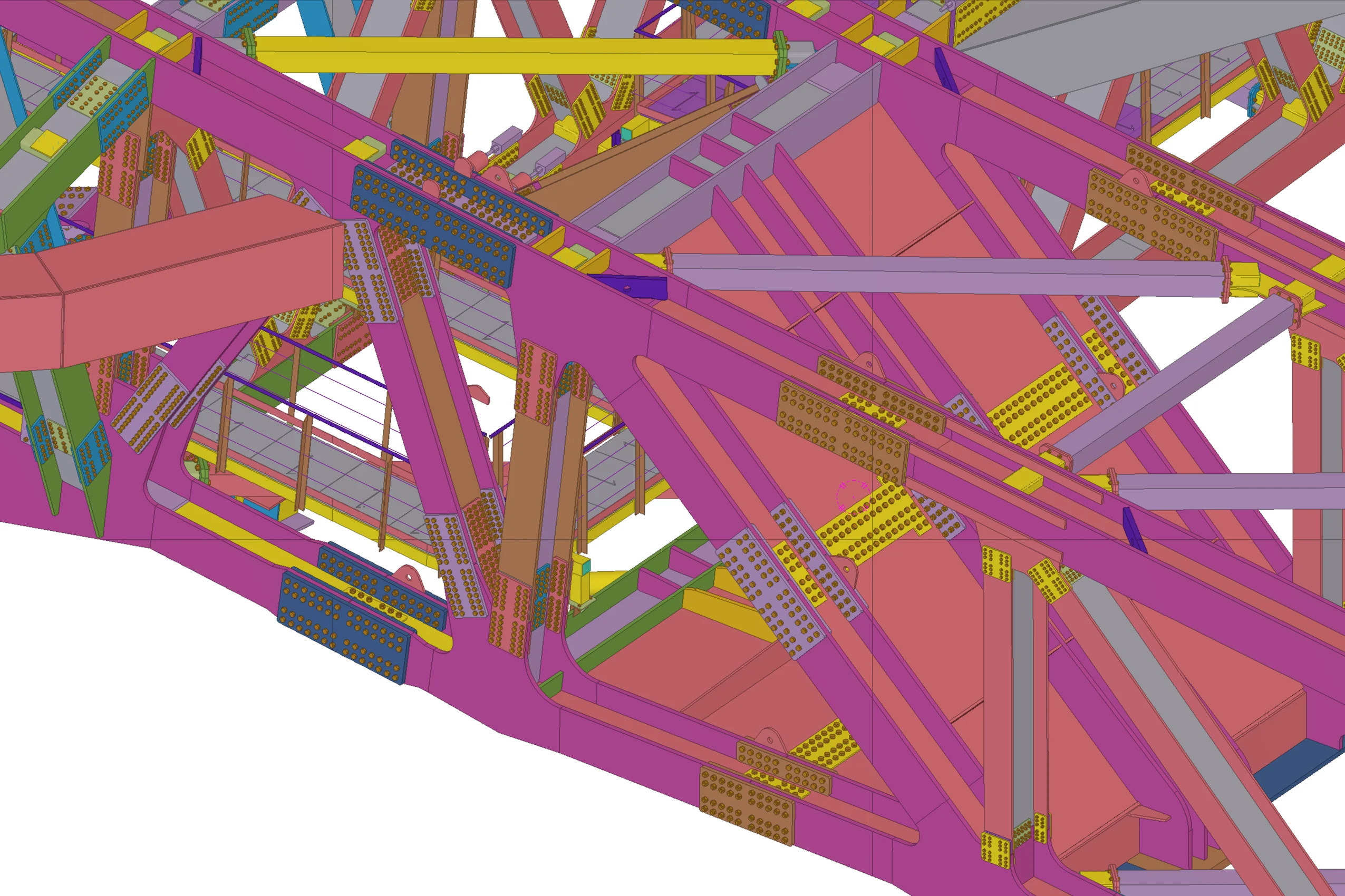 Tekla 3D rendering of a complex steel structure with various colored beams, bolted connections, and diagonal bracing.