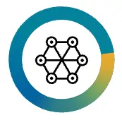 Abstract icon of interconnected nodes forming a hexagon, enclosed in a gradient circle.