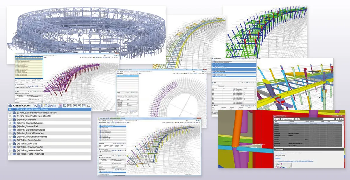 A montage of digital architectural renderings and design software interfaces, showing complex structural designs for large buildings.