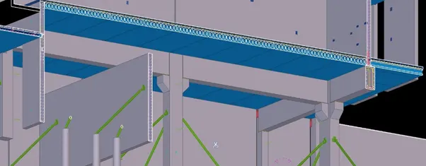 3D rendering of a concrete structure with beams and supporting elements.