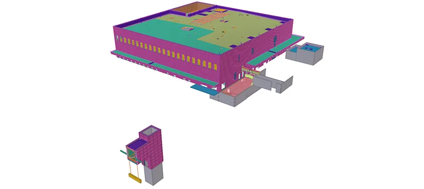 3D rendering of a building model with a smaller, separate structure.