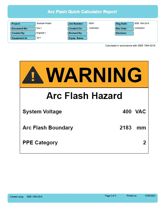 Arc Flash Hazard Report: System Voltage 400 VAC, Boundary 2183 mm, PPE Category 2.