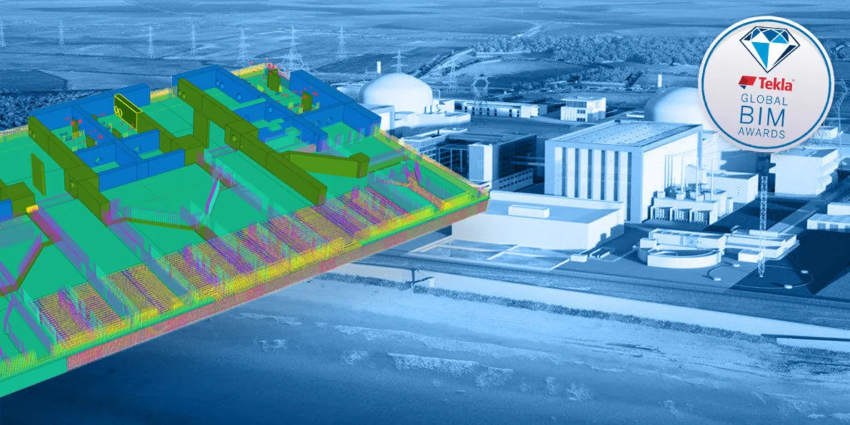 A digital model of a construction project shows intricate piping and ductwork in various colors.